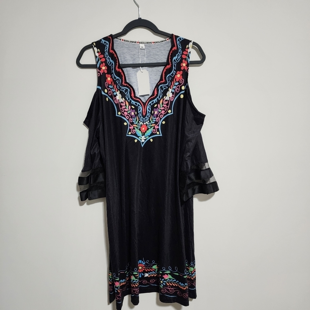 Exclusive Dress Womens Size XXL Black Embroidered Cold Shoulder Boho - Picture 2 of 6